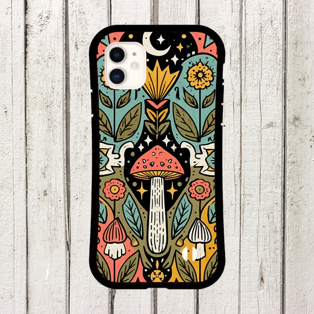 受注生産 iPhoneケース きのこと花のサイケ民芸｜フォークアート PSYF009B