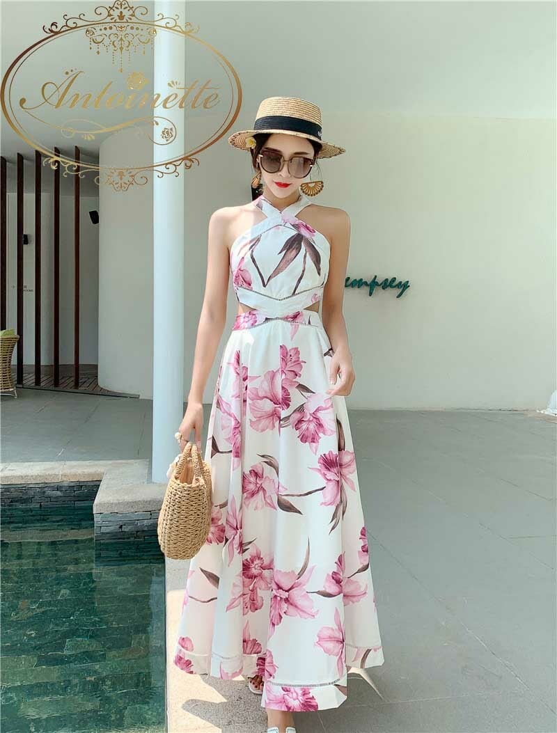 レディース 花柄 切替 サマードレス フラワードレス ワンピ ワンピース へそ出し 夏 Antoinette