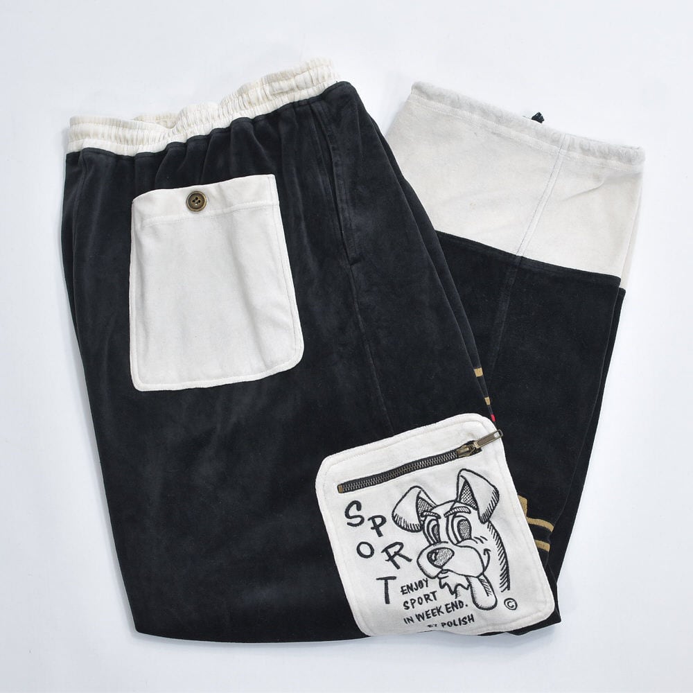 Y2K INFINITY SPORT 刺繍デザイン バイカラー ベロアイージーパンツ ワイドパンツ キャラクター カーゴポケット ブラック オフホワイト ジャパン ヴィンテージ ビンテージ ヤンキー 古着 メンズフリーサイズ