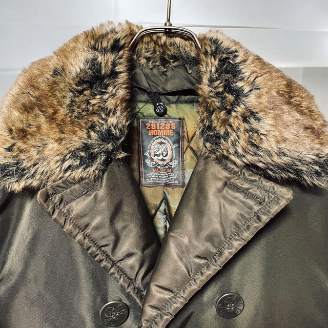 291295=HOMME Skull Embroidery faux fur Pea Coat