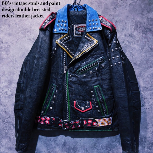 【doppio】80’s vintage studs and paint design double breasted riders leather jacket