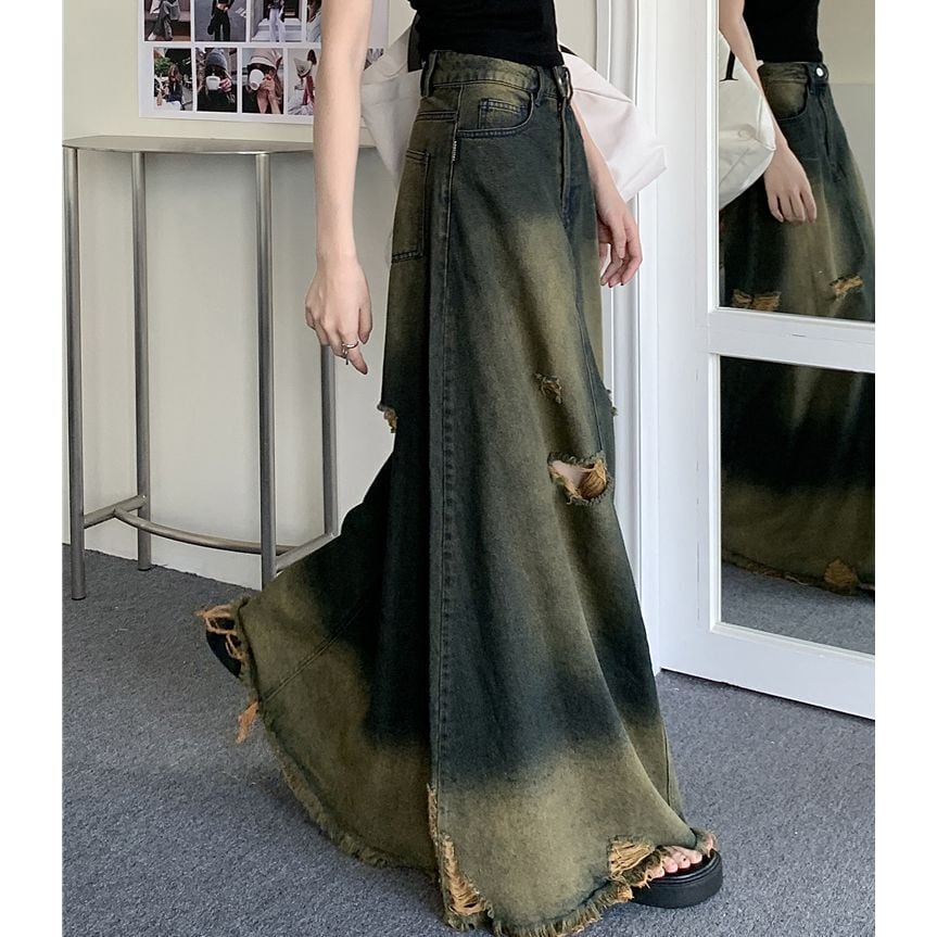 デニムスカート ヴィンテージ風 ダメージ加工 フリンジ 切りっぱ デニムスカート ヴィンテージ風 ダメージ加工 フリンジ 切りっぱ