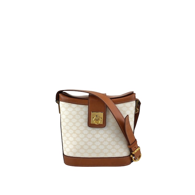 CELINE セリーヌ マカダム ショルダーバッグ ホワイト ブラウン ガンチーニ PVC レザー vintage ヴィンテージ オールド gt3h8m