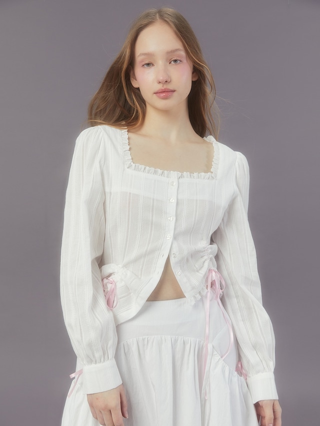 [MARGARIN FINGERS] SQUARE NECK RIBBON BLOUSE (WHITE) 正規品  韓国 ブランド 韓国ファッション 韓国代行 マーガリンフィンガーズ 日本 店舗