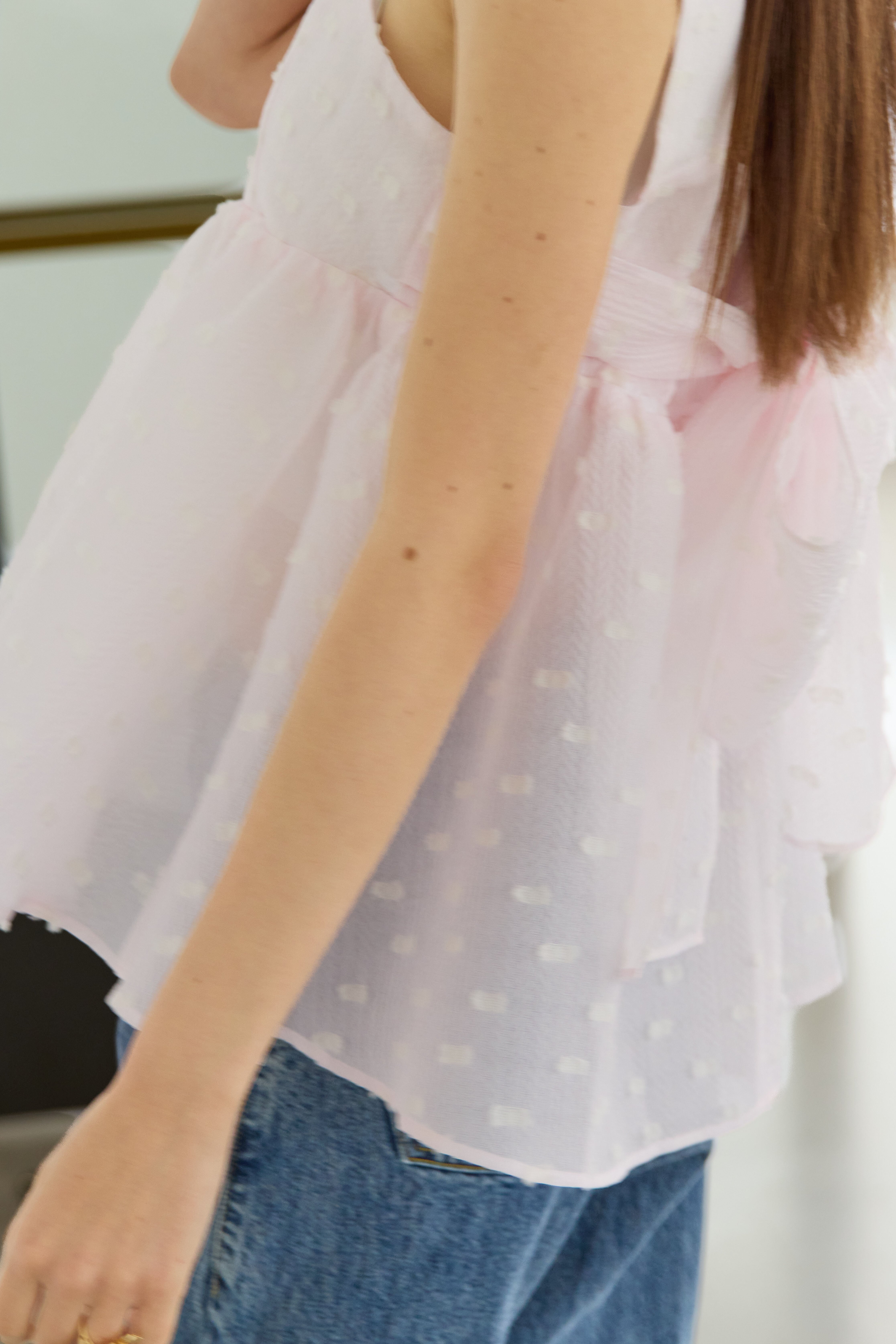 bluelea バックリボンドットジャガードトップ　ピンク Back ribbon dot jacquard top | Bluelea