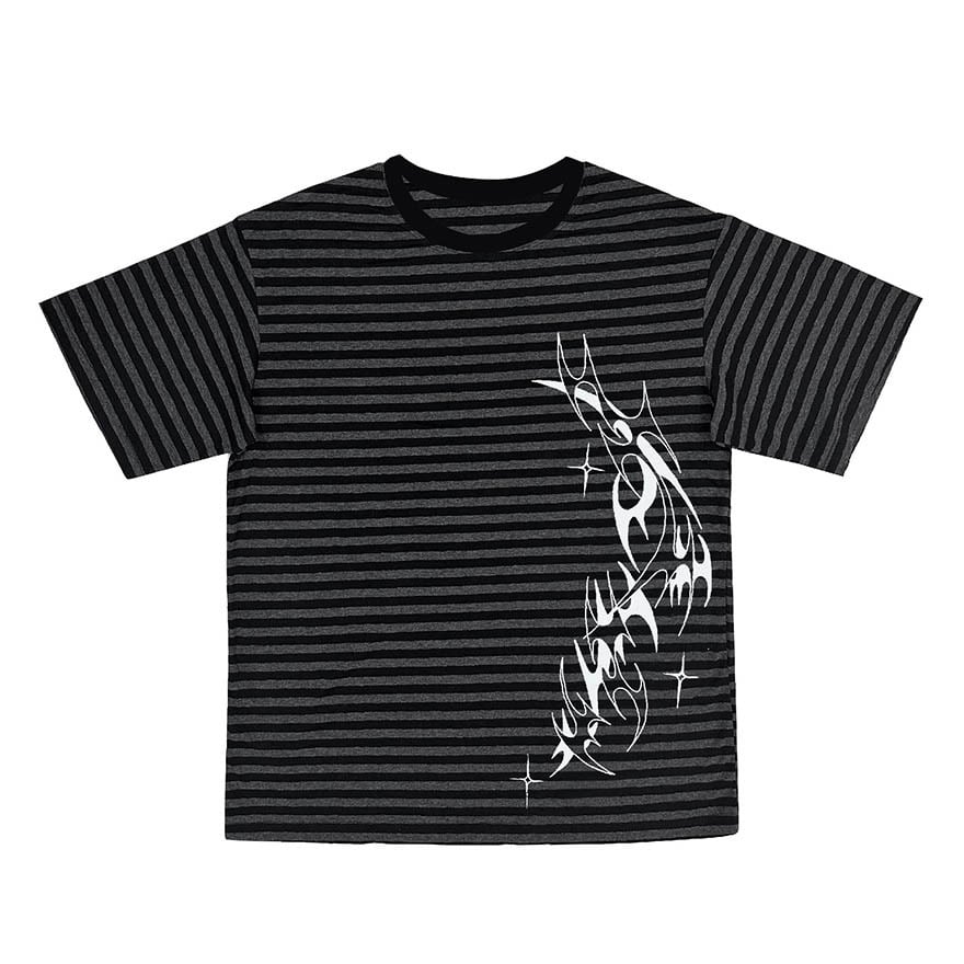 サブカル地雷系 ライブ参戦服 ボーダー Tシャツ 【黒×灰 トライバル柄】