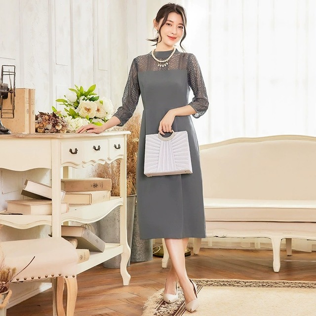 パーティードレス フォーマルワンピース フォーマルドレス 披露宴 結婚式 二次会 レース 袖つき 長袖 七分袖 LILYADORER0351