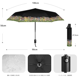 花の楽園 ボタニカル柄(ブラック) 晴雨兼用 折りたたみ傘・日傘（外側プリント）