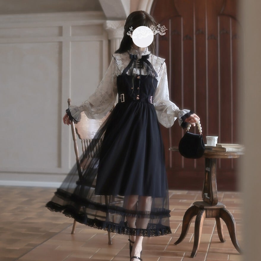 ロリータ ワンピース オリジナル ブラック 夜霧に咲く黒百合 ネックリボンのクラシカルロリータワンピース