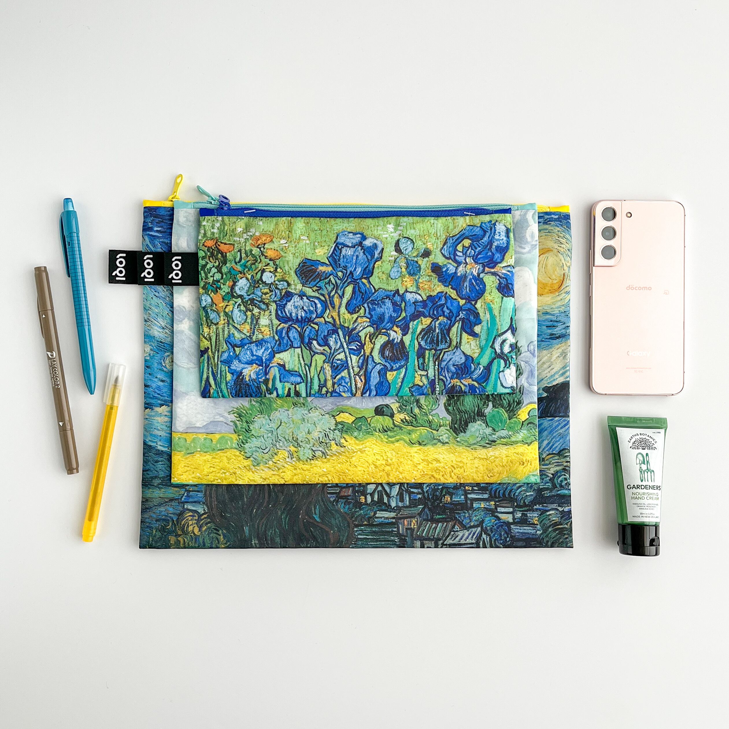 ゴッホ LOQIジップポケット3枚セット アイリス 糸杉のある麦畑 星月夜