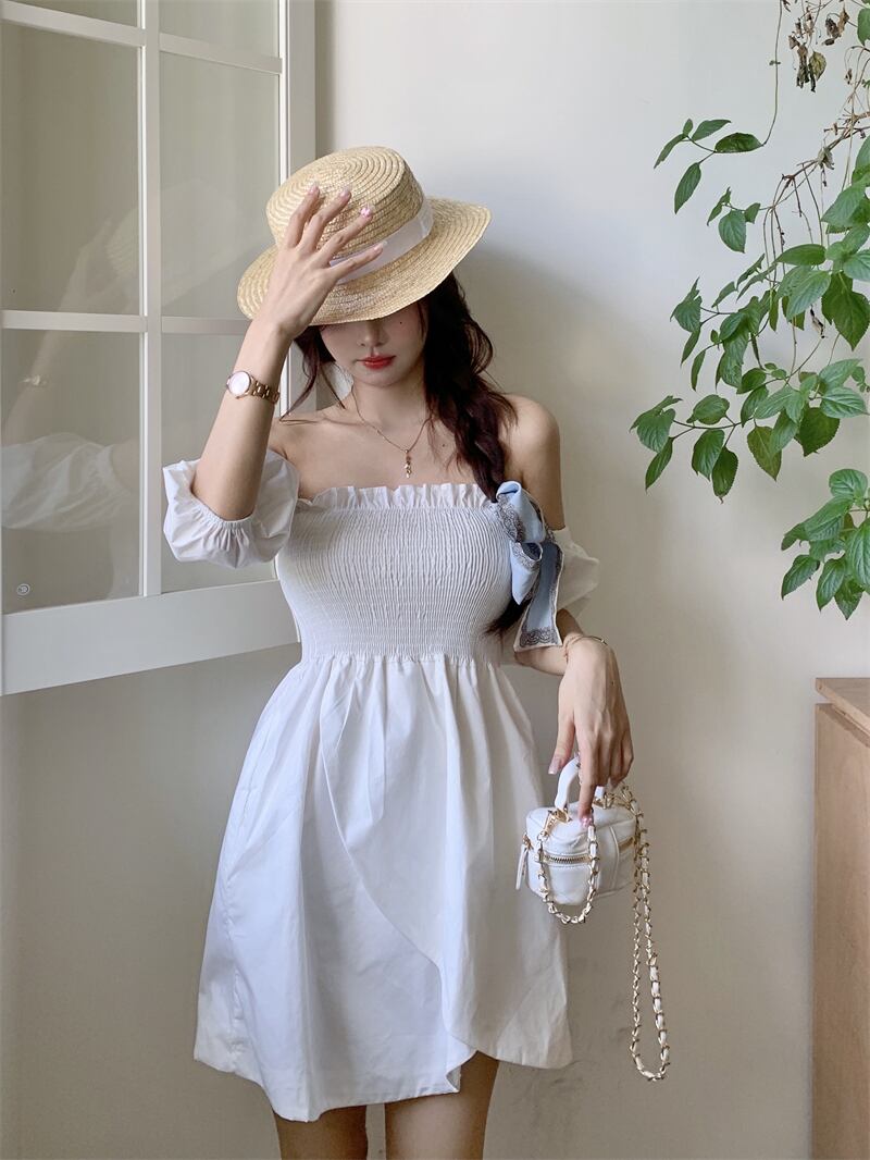 ブラックスリーブFlowerデザイン ドレス 大人ガーリー スウィート キュート カジュアル オフショルダー フラワーデザイン ブラックストロベリース11587054019