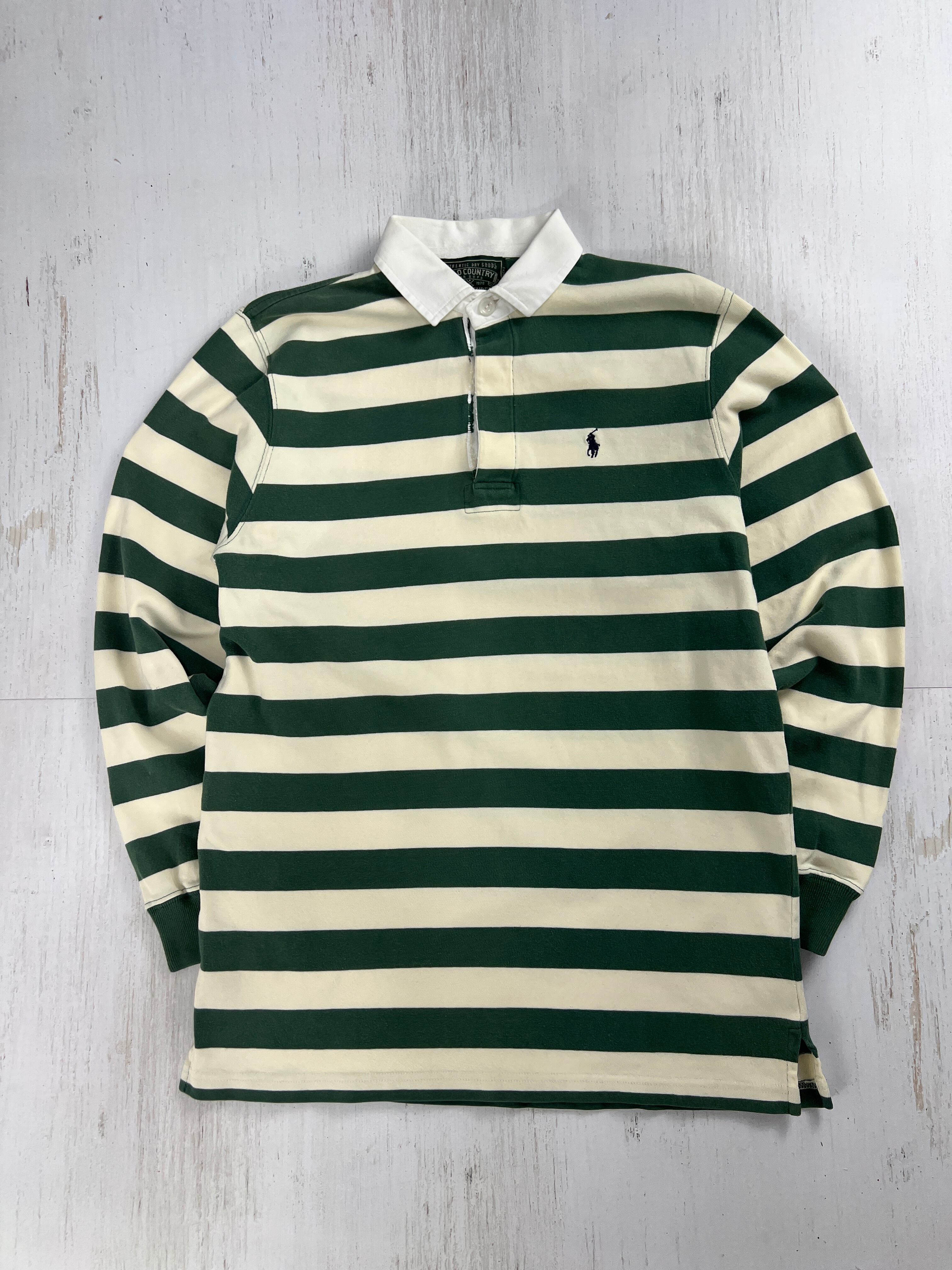 Ralph Lauren Polo Country Rugby Shirt Green × White Stripes Made in Macau / ラルフローレン ポロカントリー ラガーシャツ グリーン×ホワイト ボーダー マカオ製 #F976