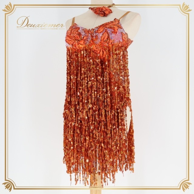 社交ダンス 衣装 ジャンティ gentil ラテン ドレス ワンピース ラテンドレス スパンコール フリンジ 軽い デモ 競技 パーティ 発表会 オレンジ系 ブラウン系 フリンジドレス スパンコールドレス 社交ダンス衣装 ラテン衣装 ダンスパーティ 衣装デモ パフォーマンス