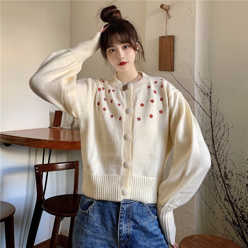 ✞ 花柄刺繍ニットカーディガン♥カワイイ♥ショートセーター ✞ 花柄刺繍ニットカーディガン♥カワイイ♥ショートセーター