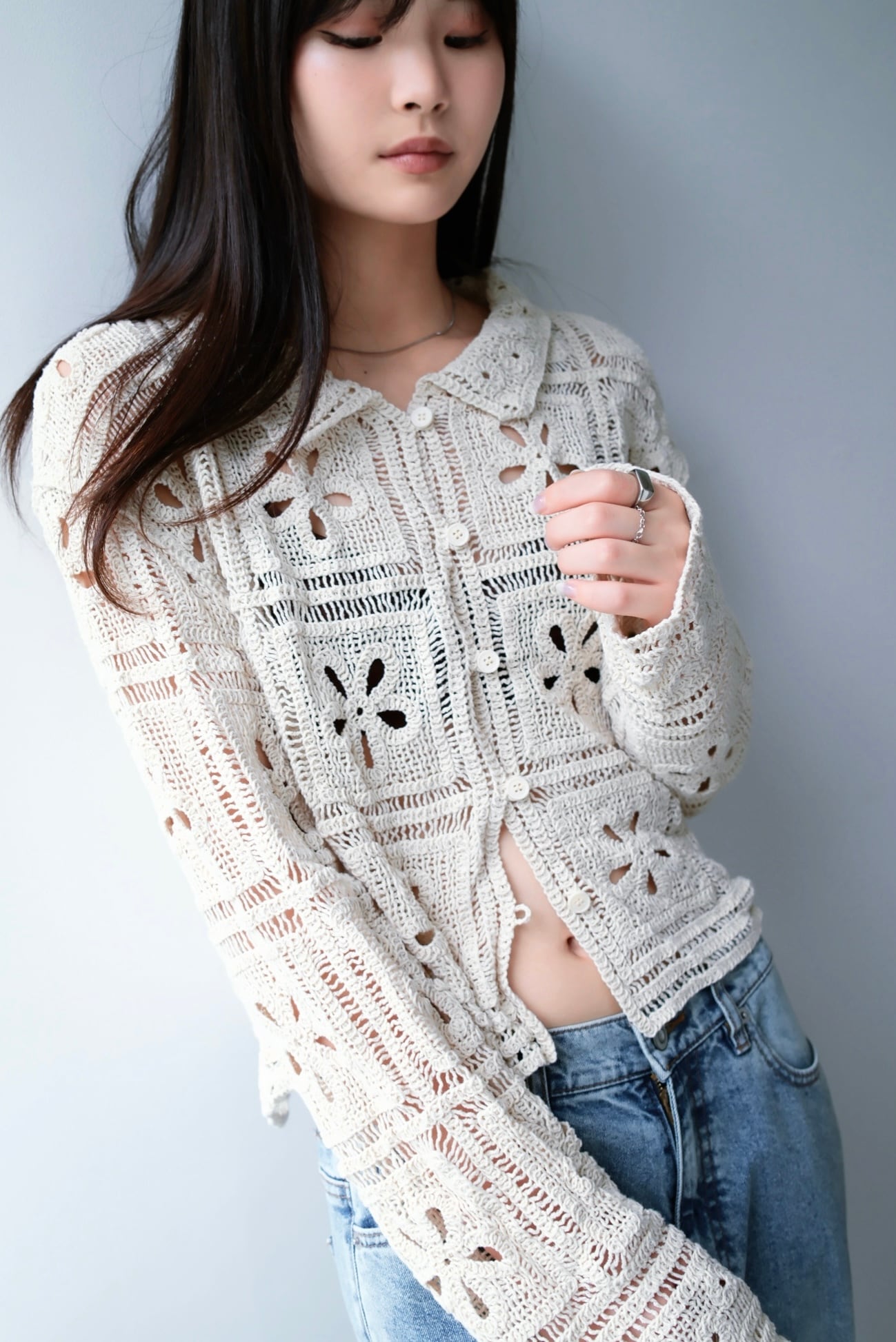 LEONARD ノーカラー かぎ針編み ニットカーディガン Crochet Knit Cardigan カギ編みニットカーディガン White | planet3rd