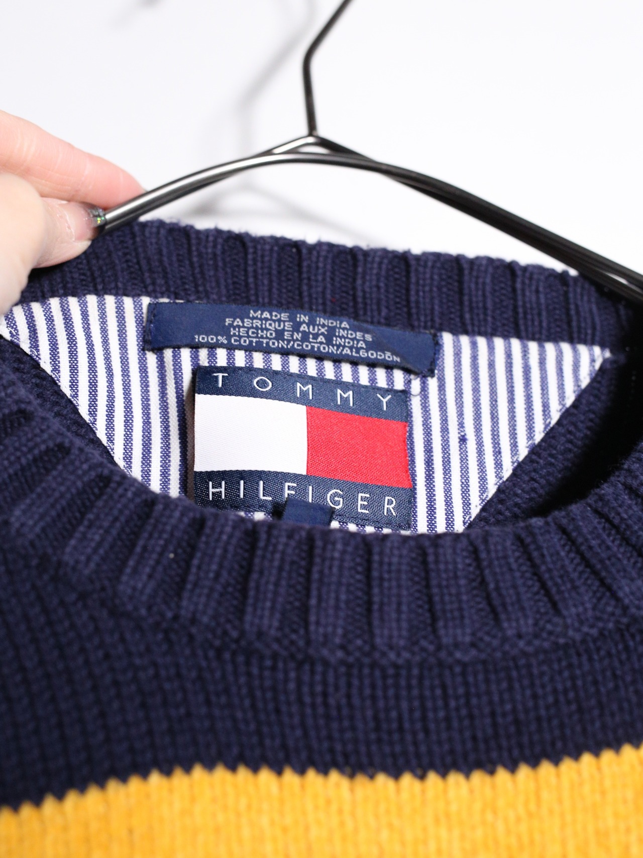 "TOMMY HILFIGER" navy × yellow good coloring border cotton knit - 12