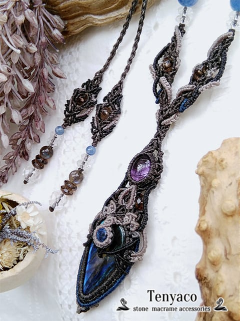 ダブルラブラドライト グリーンアメジスト マクラメネックレス