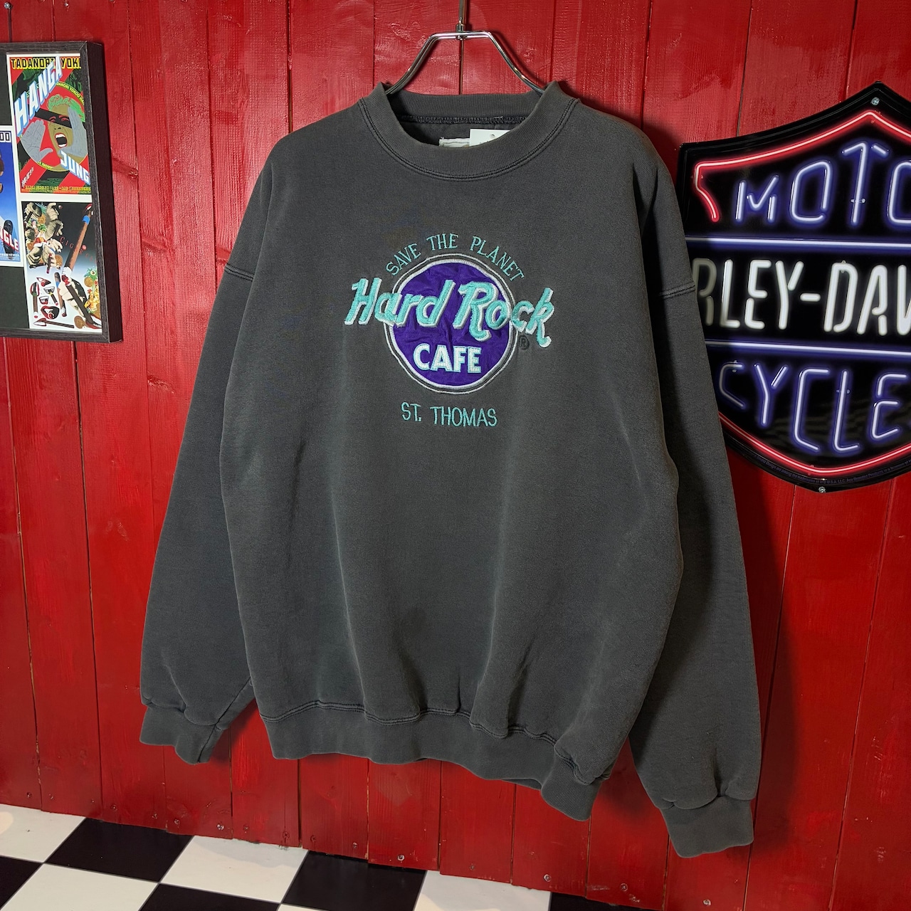 90s USA製 Hard Rock CAFE ブラックフェードスウェット 肉厚 ハードロックカフェ