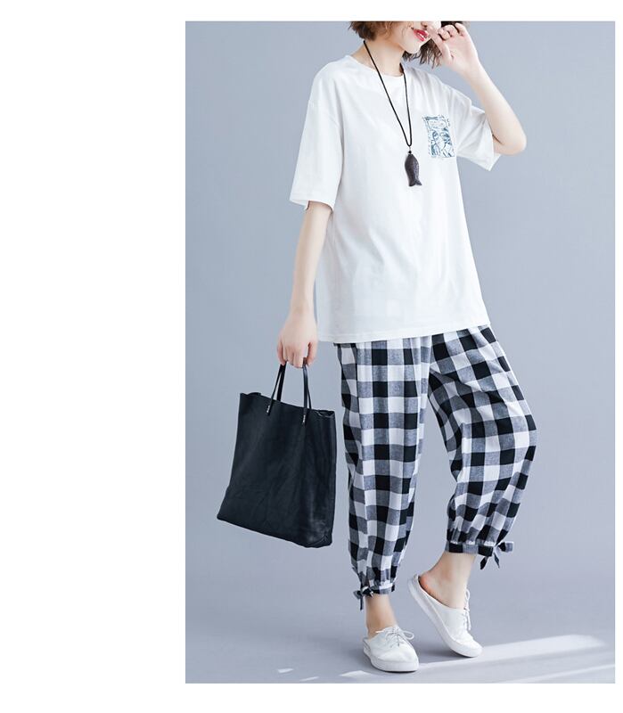 2点セット セットアップ 上下セット レディースファション 着痩せ Tシャツ トップス ラウンドネック 五分袖 ボトムス ズボン チェック柄  アルファベット 大きいサイズ M L LL 3L ブラック 黒い ホワイト 白い 激安 | elegant powered by BASE