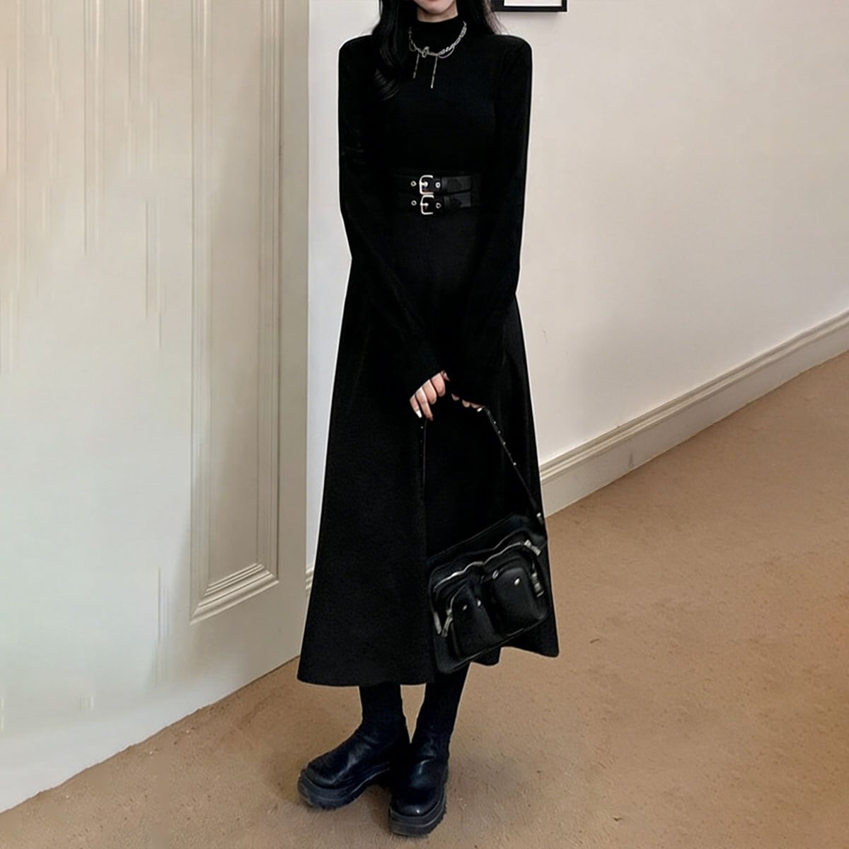 ロングワンピース ベルト飾り 長袖 レディース 春秋 韓国 ワンピース おしゃれ きれいめ 大人 カジュアル フレア ハイウエスト ウエストマーク 上品 体型カバー Aライン 大人可愛い 大人女子