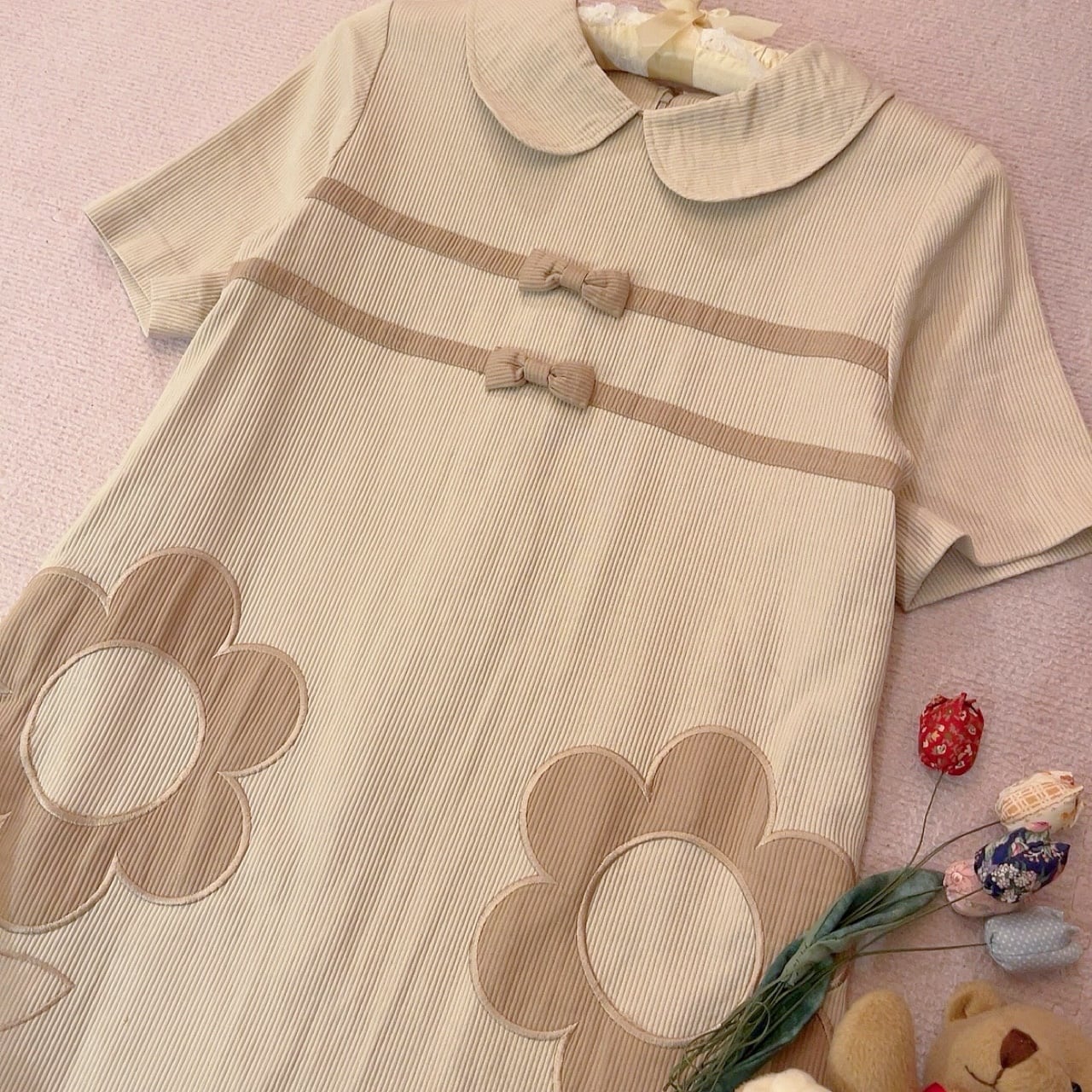 ribbon beige corduroy one-piece