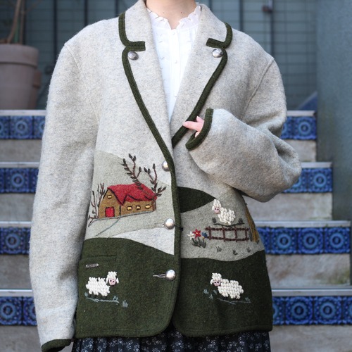 EU VINTAGE SIGI SCHEIBER HAND MADE SHEEP DESIGN EMBROIDERY TYROLEAN JACKET MADE IN AUSTRIA/ヨーロッパ古着ハンドメイド羊刺繍デザインチロリアンジャケット