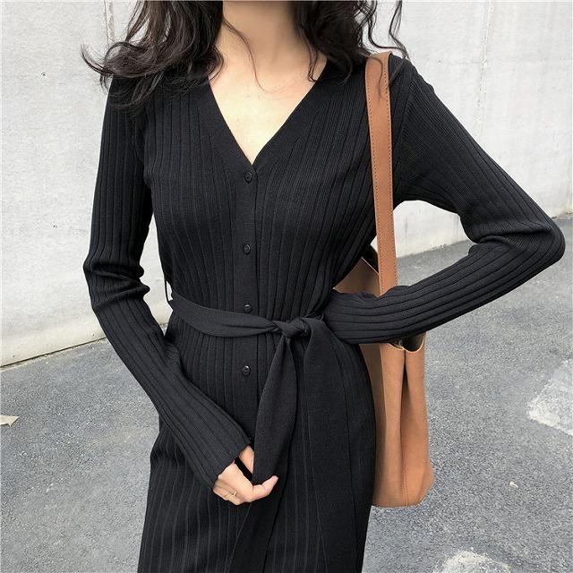 ワンピース レディース ニットワンピース 秋冬 ロングワンピース 長袖 秋 ニット ワンピース 大きいサイズ フロントボタン Vネック 大人可愛い 可愛い お洒落 カジュアル 普段使い Vネック ゆったり ゆるい ベルト付き Tresor