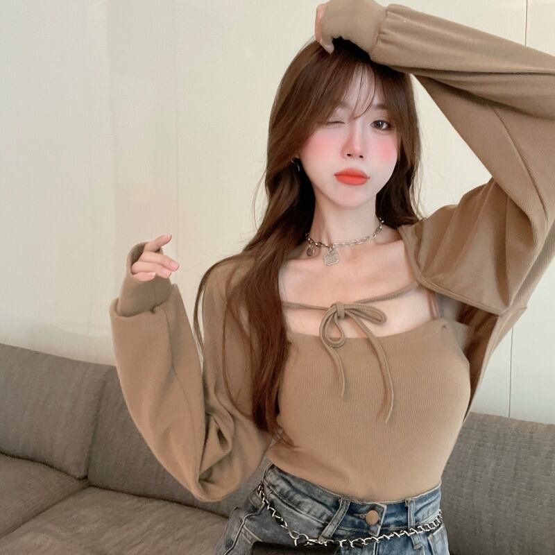 ショートニットセーター ジャケット オータムカーディガントップス ロング レース 秋物 レースアップ ブラックストロベリース54766558384