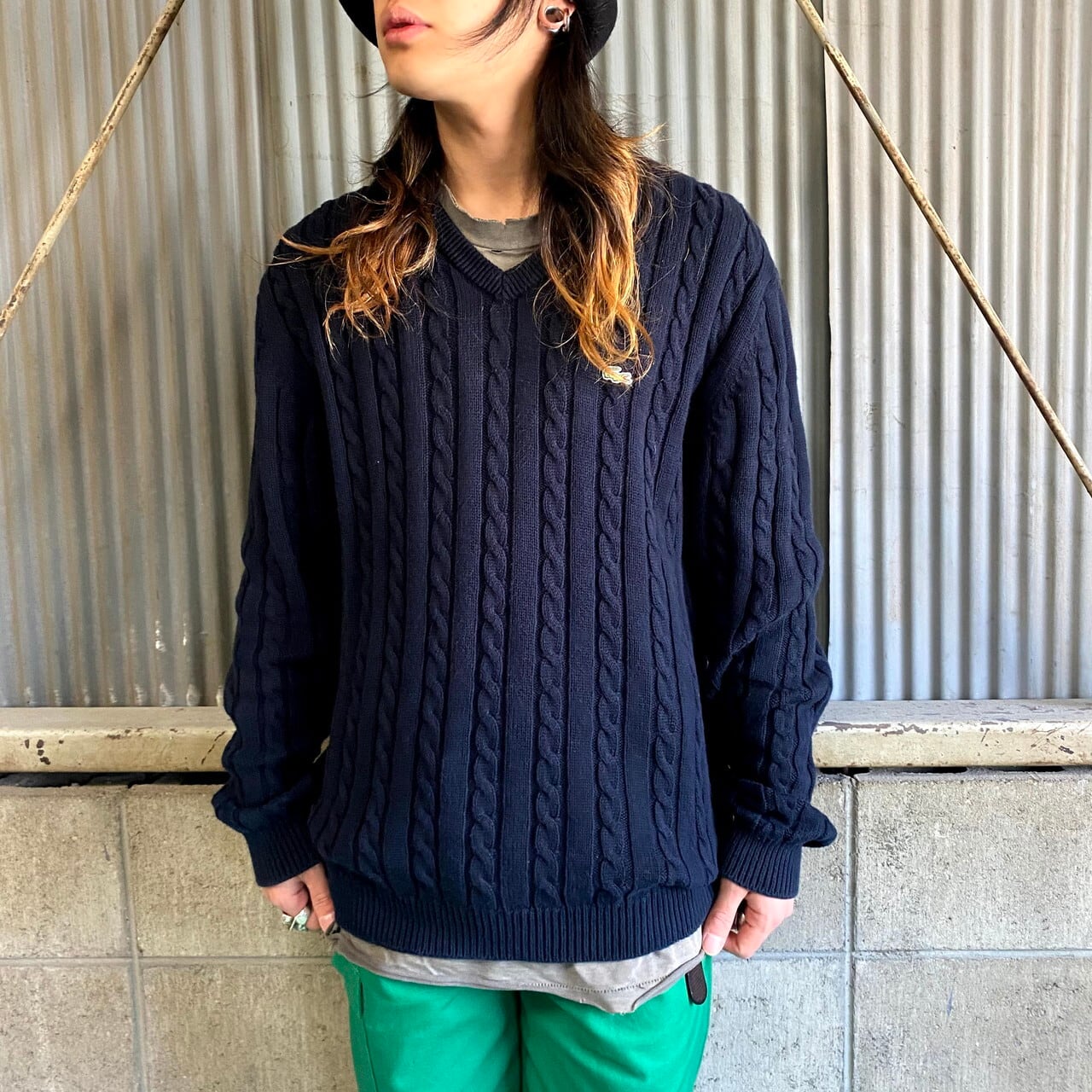 90年代 ラコステ Vネック ケーブル編み コットンニットセーター メンズxl 古着 90s ヴィンテージ ビンテージ Lacoste ネイビー 紺 ニットセーター Cave 古着屋 公式 古着通販サイト