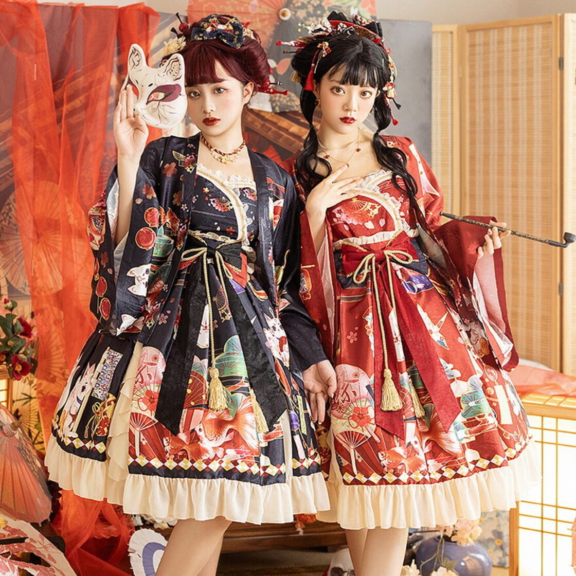 和ロリ 和装 ワンピース 艶やか 豪華絢爛 花魁風 ワインレッド 
