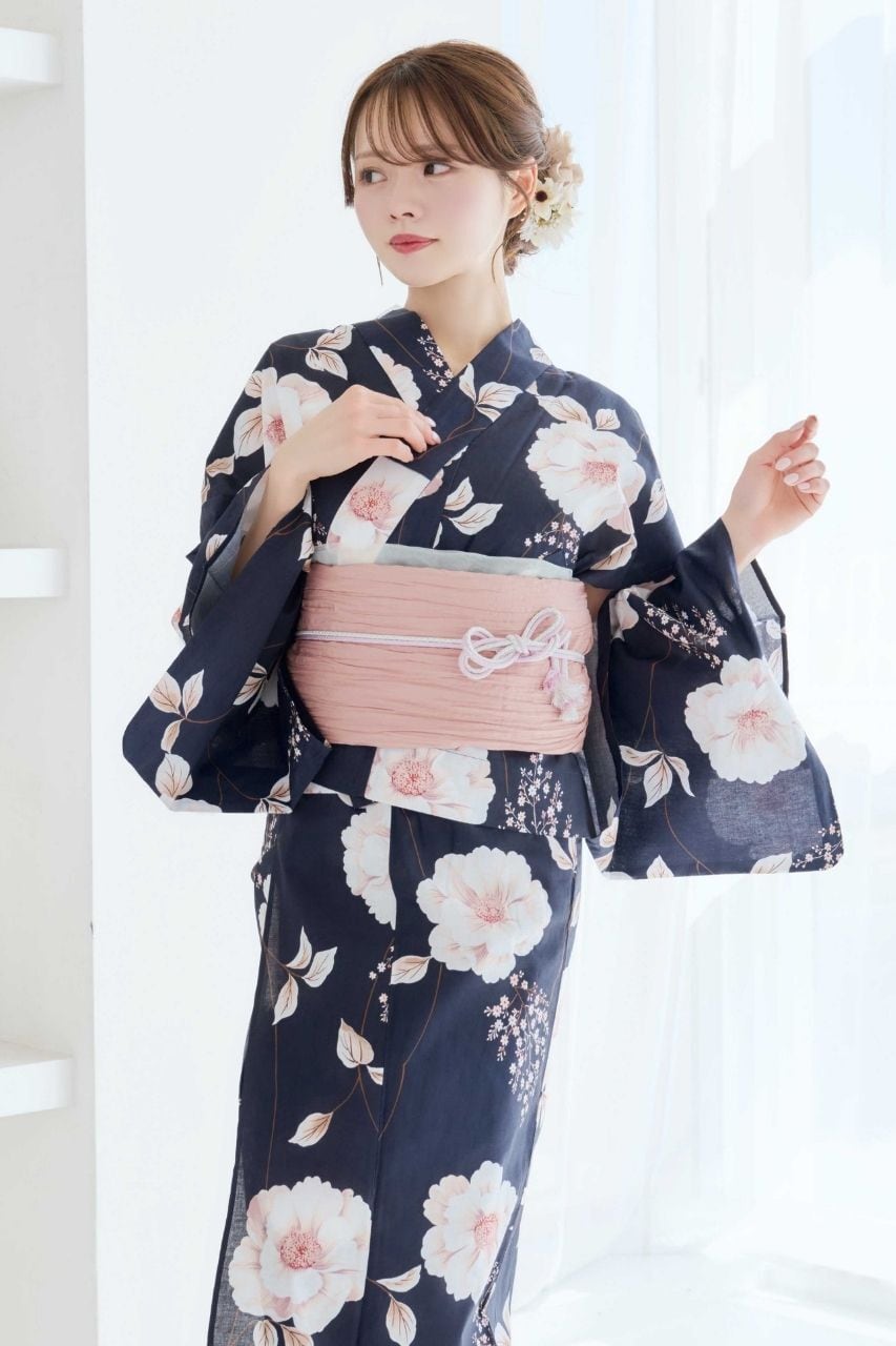 二部式浴衣】セパレート浴衣3点set珊瑚色の花あそび(濃紺地)【兵児帯