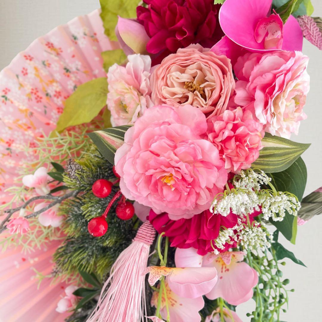 新年を彩る ピンクのしめ縄リース 正月飾り 造花 しめ縄飾り しめ飾り