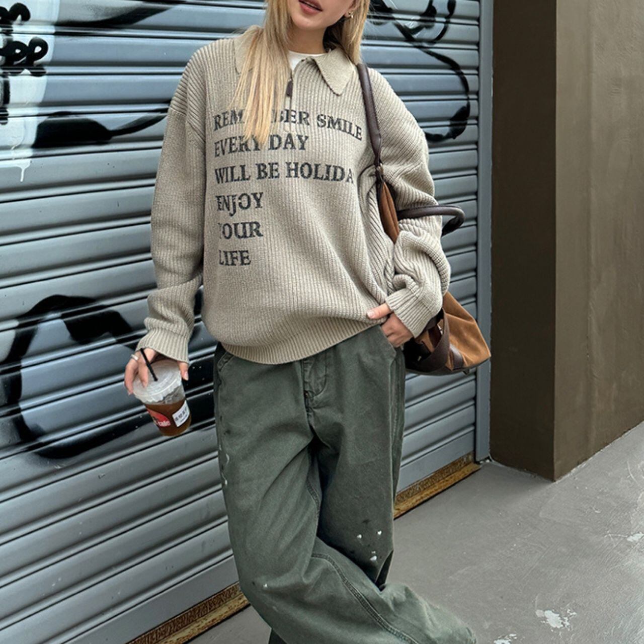 ロゴプリントハーフジップニット 2col R00912