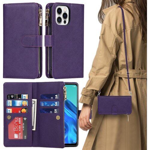 iPhone13 pro ケース 手帳型 ショルダー 13 プロ カバー アップル アイホン13プロ 携帯ケース 13プロ アイフォン13プロ スマホケース 手帳型 適用 case iCoverCase ストラップホール付き カード収納 バッグ マグネット 留め具 肩がけ 首掛け 斜め掛け カードケース ファスナー型 ストラップ付き カバー ショルダーケース クロスボディケース カード入れ スマホケース 携帯カバー パープル 1114