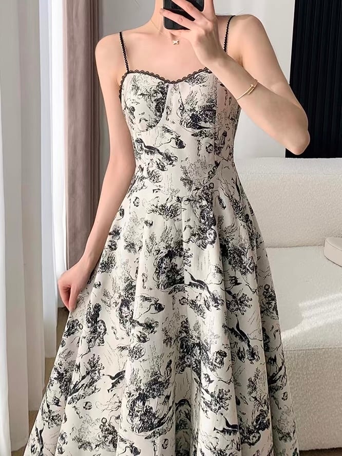 monotone toile de jouy flared camisole dress.3137