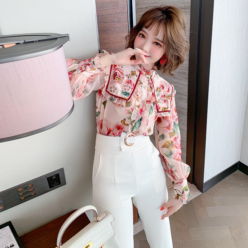 刺繍Butterflyデザイン レースプリントシャツ スプリング 春物 ステッチ MIUCO66612071192