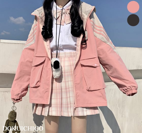 ジャケット レディース ストリート ジップアップパーカー フード 韓国【tb-808】 毒いちご 韓国ファッション