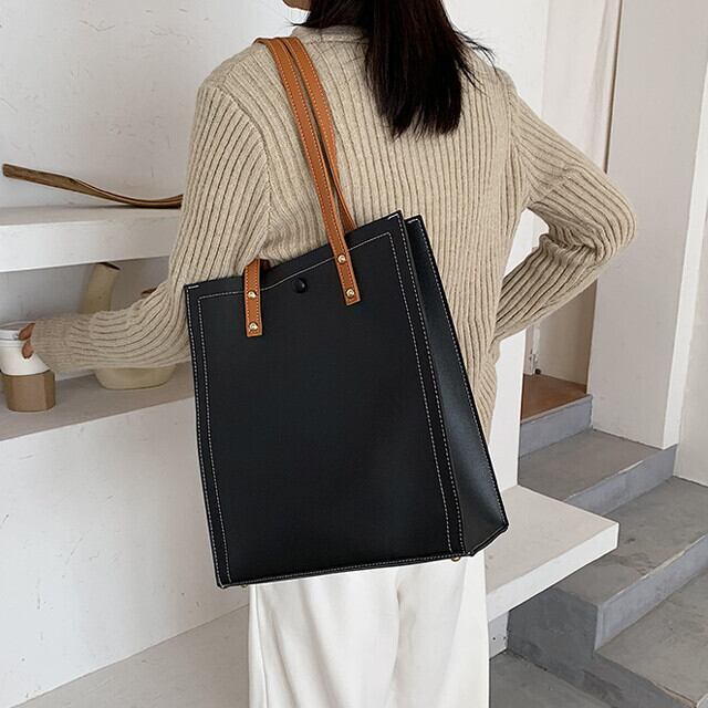 ショルダーバッグ トートバッグ レディース フェイクレザー スクエア 通勤 通学 フォーマル 大容量 シンプル ブラック/ホワイト 縦型/横型