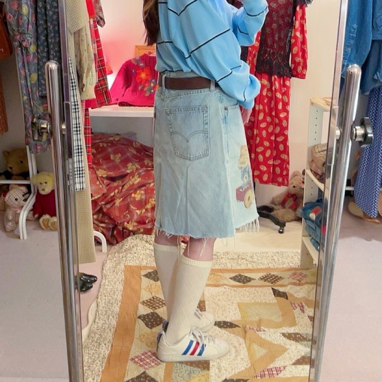 cat printed denim skirt