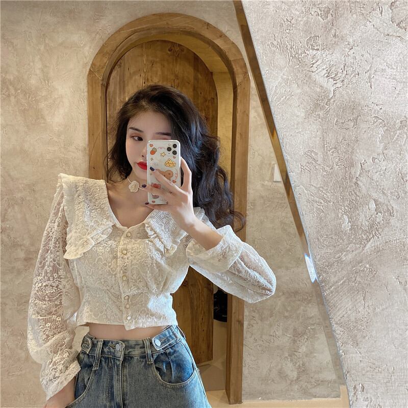 ドールカラーショートフレンチニッチエインスタイル長袖シャツトップレディース2020秋新ウエストタイトシャツ ブラックストロベリース21439529934