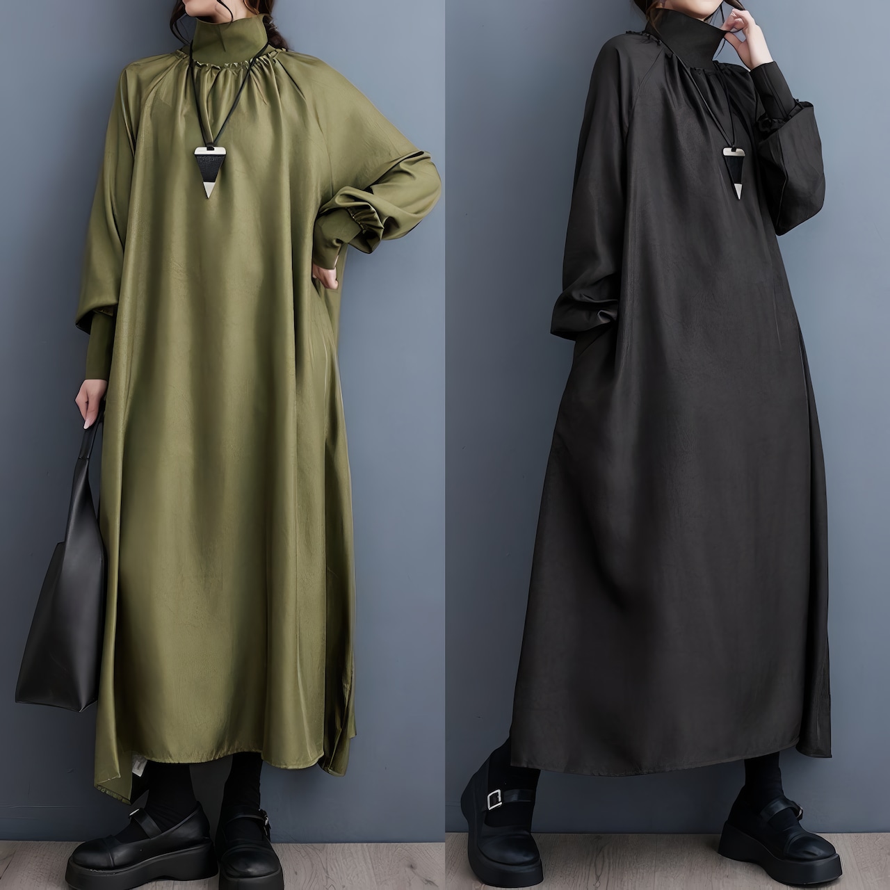 ハイネック バルーン ロングワンピース 00104