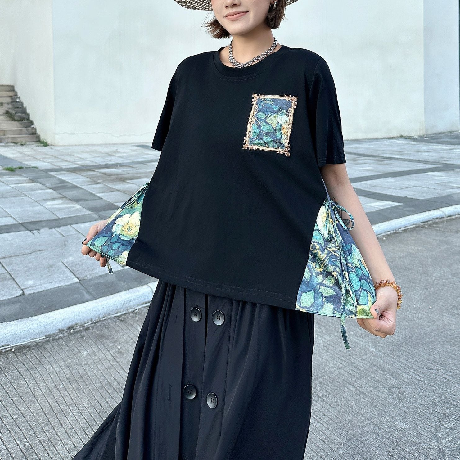 CONTRAST PANEL ROUND NECK SLEEVE T-SHIRT M- M-17897
