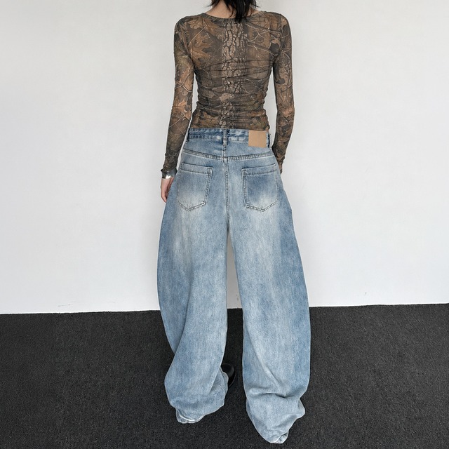 Washed volume denim pants A00008