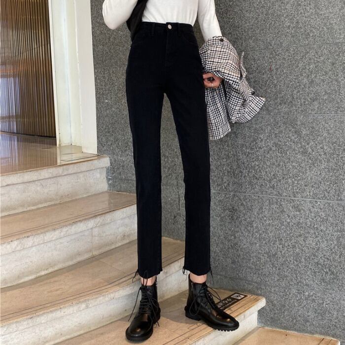 レディースジーンズ2019秋冬新作レトロウォッシュハイウエストスリムスリミングローエッジストレートパンツブラックパンツ 1号婦人66334590562
