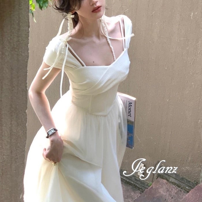 パーティドレス フレンチ袖 ワンピース 切替 チュール デコルテ見せ( M6300)ζ