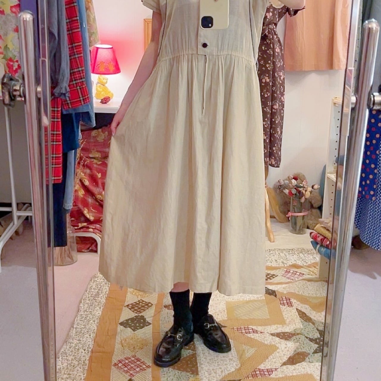 beige open collar one-piece