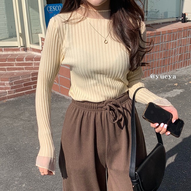 ニットシャツ スタイルスリムストライプトップス ウィンター 冬物 クレセントシティ13957492804