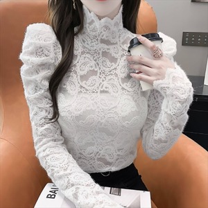 【送料無料】 レースブラウス 長袖 エレガント系 きれいめ ハイネック タートルネック フェミニン 30代 40代 レディースファッション 可愛い 春 お出かけ 女子会 デイリーユース お茶会 お呼ばれ 透け感 シースルー こなれ感