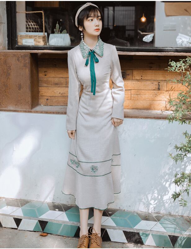 チャイナ風ワンピース 民国風ワンピース ロング丈ワンピース チェック柄ワンピース 改良唐装 改良漢服 チャイナ風服 中華服 改良型チャイナドレス 普段着 S M L Ll 女子会 同窓会 折り襟 長袖 レトロ ハイウエスト 刺繍 Elegant