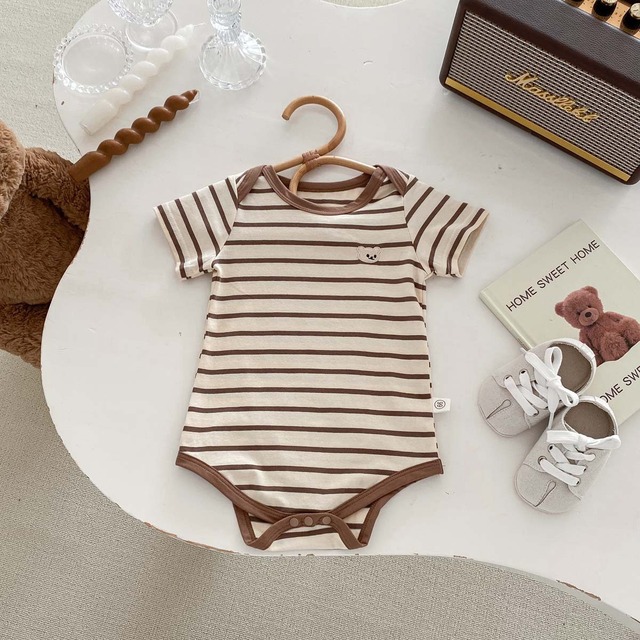 【BABY】くまモチーフストライプ半袖ロンパース - 13